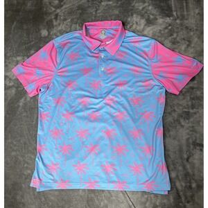 Chubbies Men Large Performance Polo Pink BLue Palm Trees Golf Party Beach Hawaii
